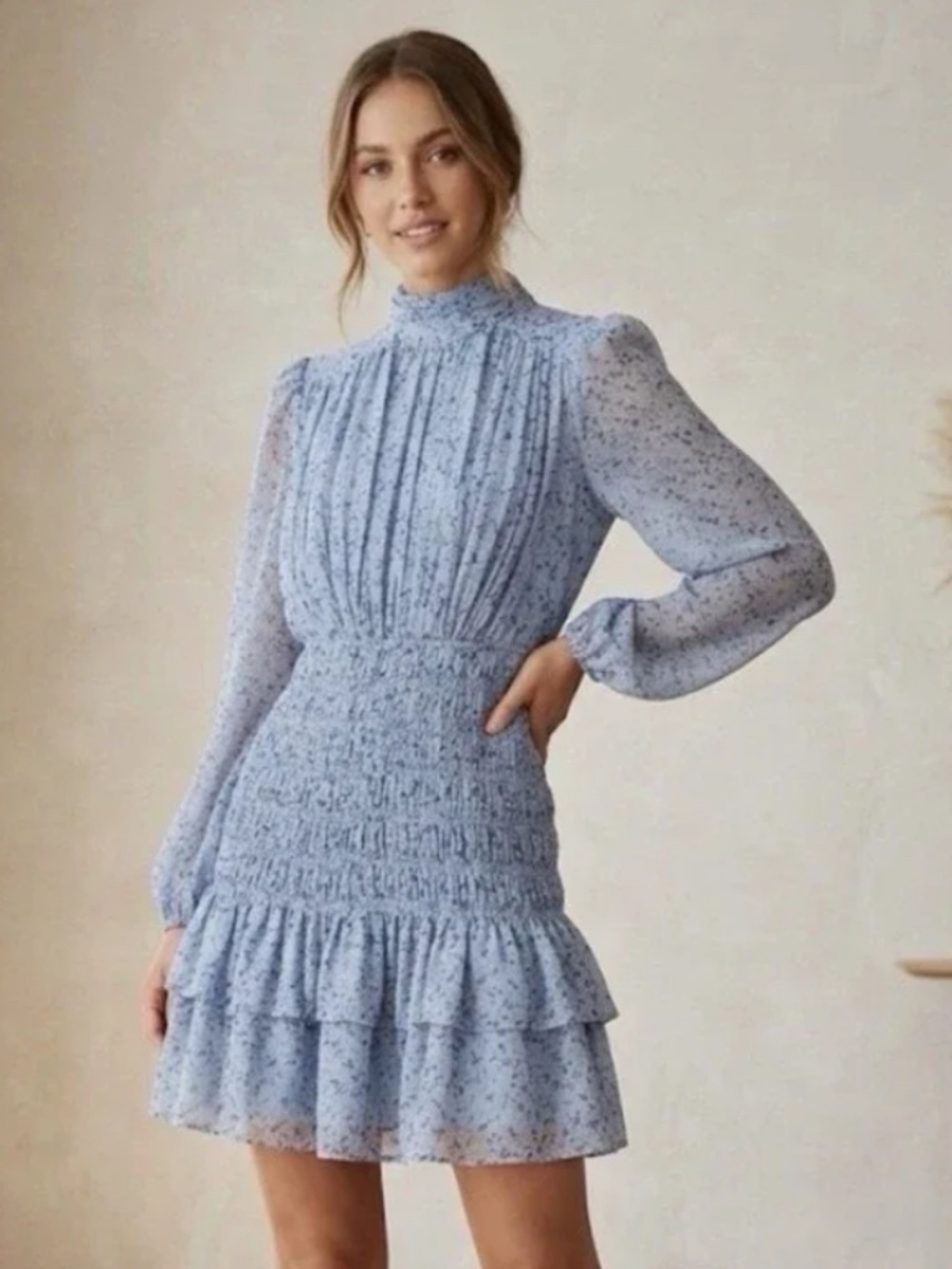 House of Harlow 1960 Shona Joy Mockneck Long Sleeve Smocked Mini Dress Blue Med